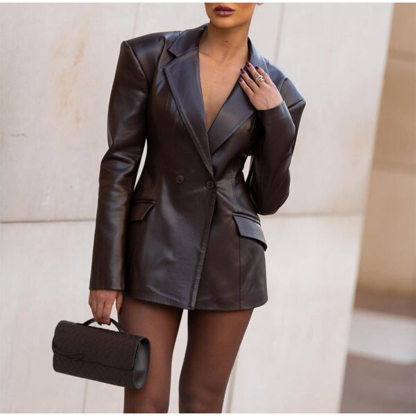 Women's Waist Tight Leather Jacket - Image 2