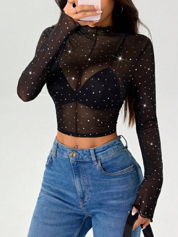 Stand-up Collar Long-sleeved Mesh Transparent Sequined Decorative T-shirt Top - Image 3