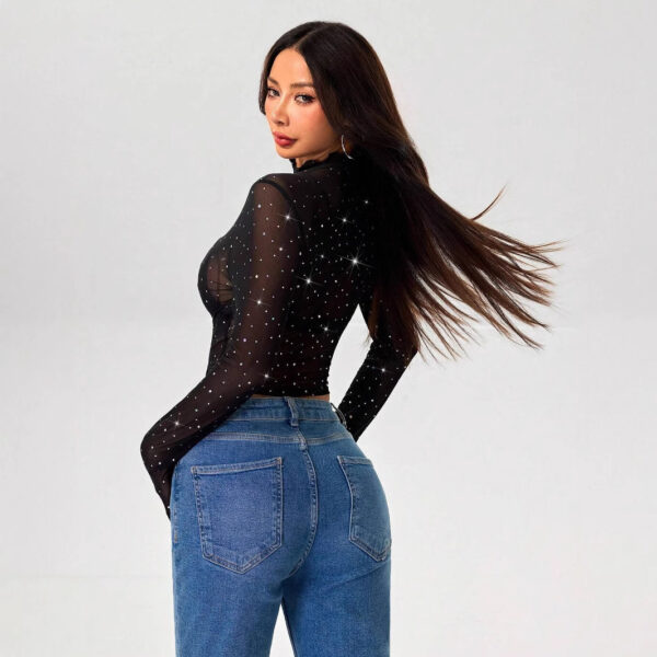 Stand-up Collar Long-sleeved Mesh Transparent Sequined Decorative T-shirt Top - Image 2