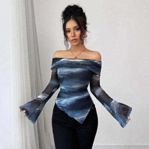 Knitted Mesh Printed Off-shoulder Collar Long Sleeved Fitted T-shirt - Image 2