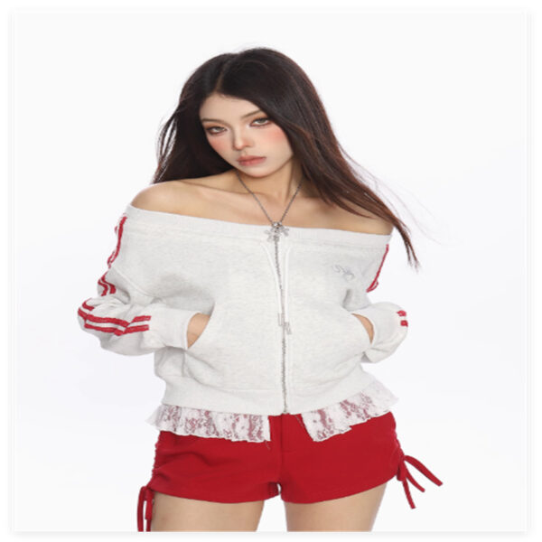 Women's Contrasting Color Design Short One Shoulder Sweatshirt - Image 7
