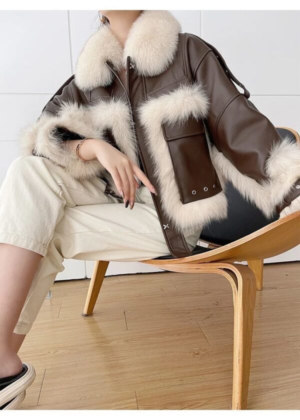 Sense Fox Fur Stitching Leather Coat - Image 5