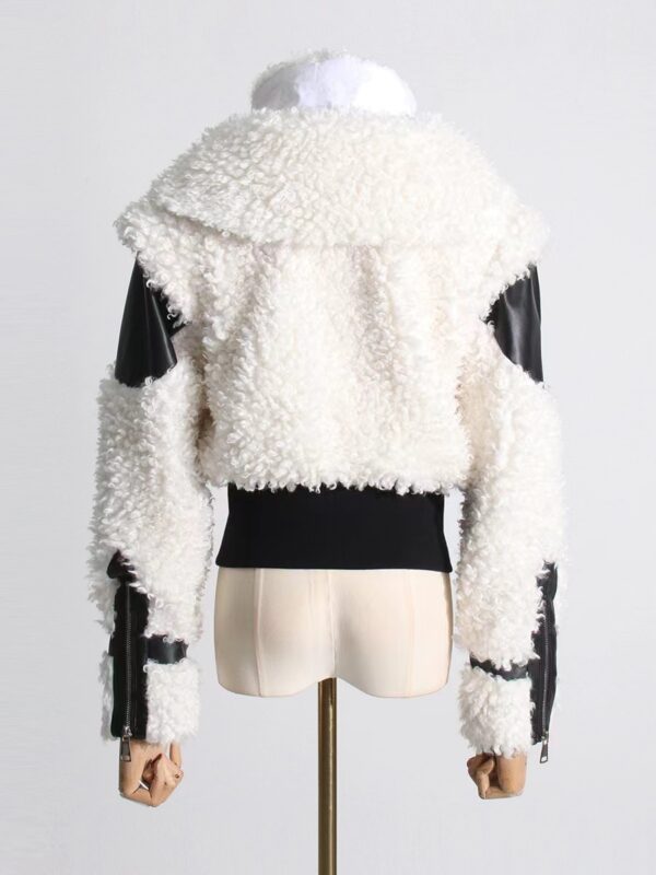 Women's Lamb Wool Stitching PU Leather Zipper Jacket - Image 2
