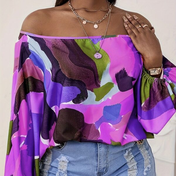 Ladies' Fashionable And Casual Off Shoulder Printed Lantern Sleeves, Loose And Comfortable Versatile T-shirt Top - Image 2