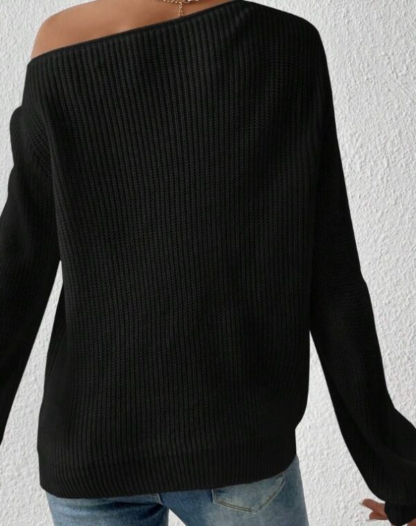 Solid Ribbed Knit Asymmetrical Shoulder Sweater,Long Sleeve Tops - Image 3
