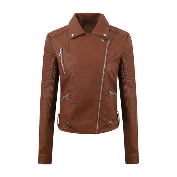 PU Women's Short Leather Oblique Pull Slim Motorcycle Clothing Washed Leather Jacket - Image 5