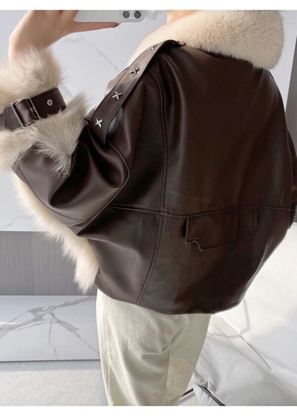 Sense Fox Fur Stitching Leather Coat - Image 3