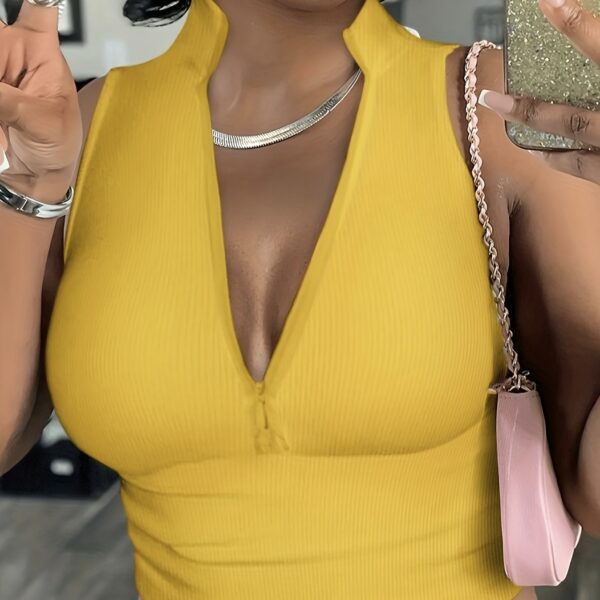 Women's Solid Color Ribbed Knit Short Zipper Design Off Shoulder Stand Up Collar Vest Top - Image 2