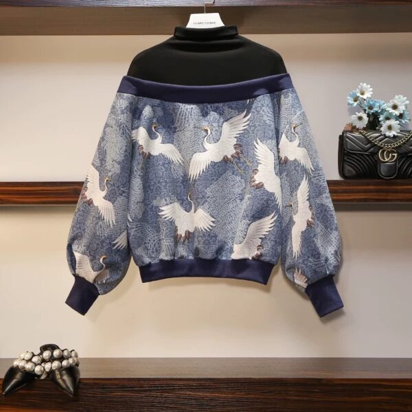 Women's Fashion Stitching Crane Print Sweater - Image 3