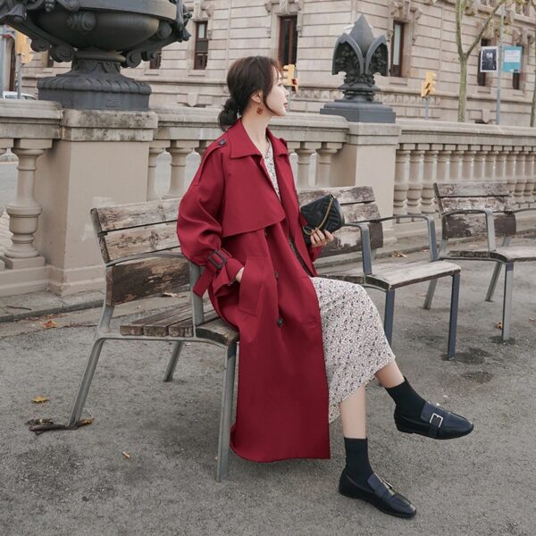 Real Shot Wine Red British Style Trench Coat Coat - Image 6