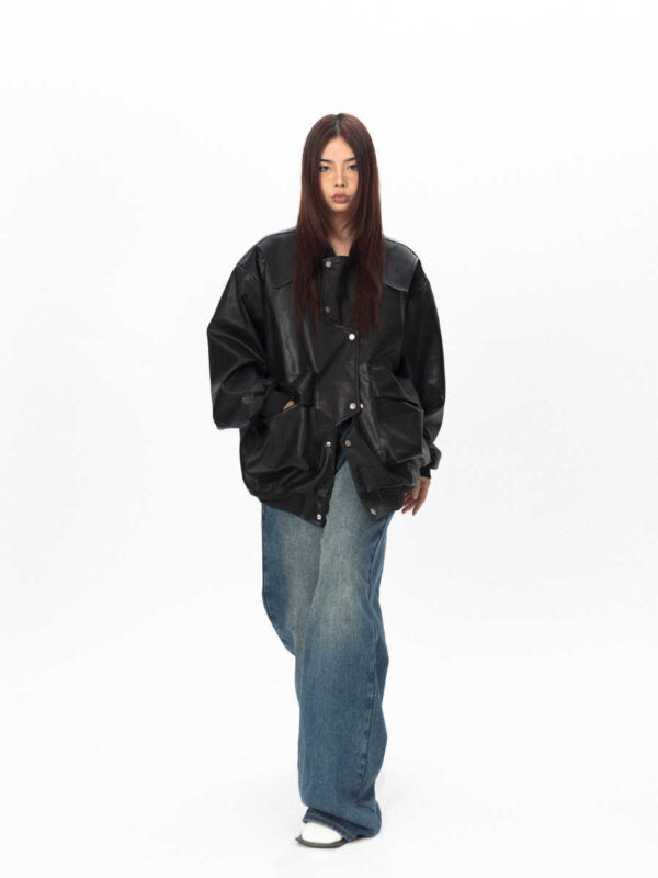 Three-dimensional Pocket Irregular Placket Leather Coat Loose Top - Image 5