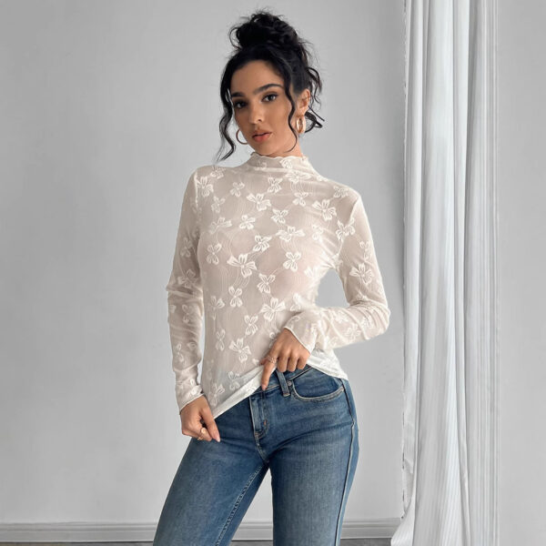 Butterfly Jacquard Mesh Slim Fit Stand-up Collar Long-sleeved - Image 2
