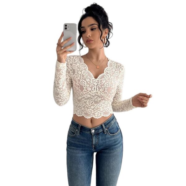 Solid Color Sexy Lace V-neck Long Sleeve T-shirt - Image 3