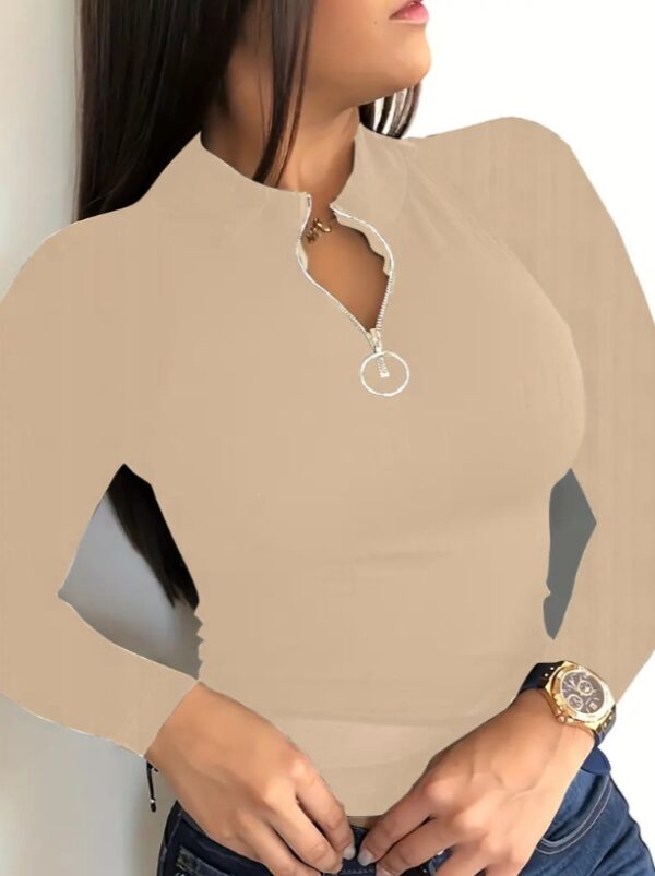 Color Zip-Up V-Neck T-Shirt For Women - Image 3