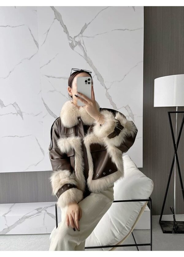 Sense Fox Fur Stitching Leather Coat - Image 10