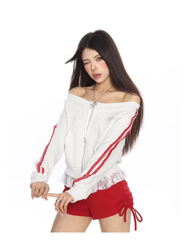 Women's Contrasting Color Design Short One Shoulder Sweatshirt - Image 3
