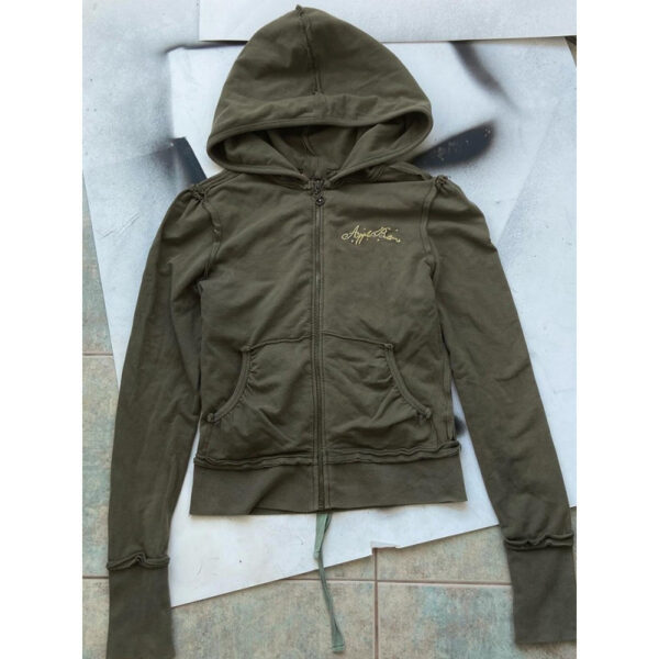 Autumn American Style Vintage Design Olive Green Hooded Printed Sweater - Image 2