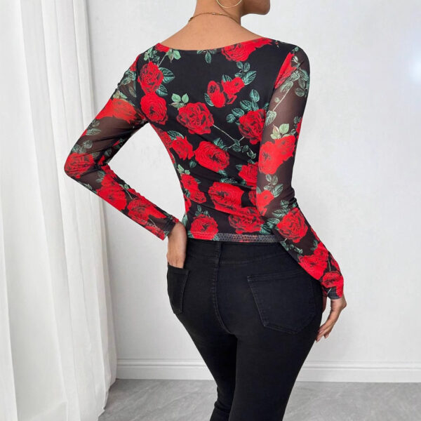 Romantic Rose Flower Mesh Printed Sexy U-neck T-shirt - Image 5