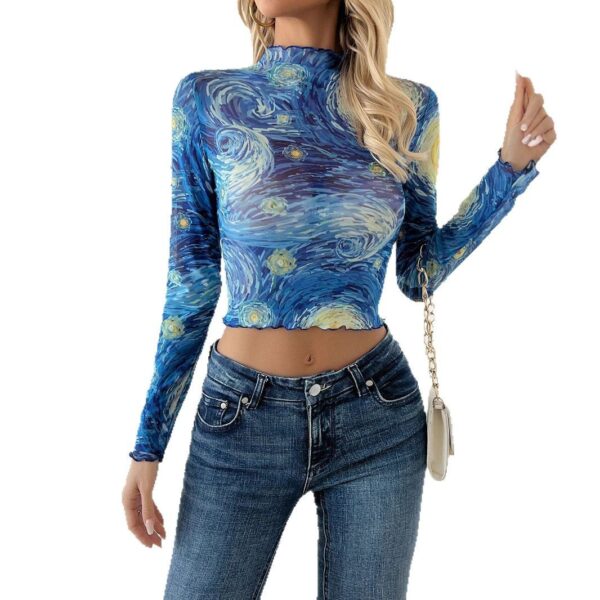 Blue Printed Small Stand Collar Starry Sky Mesh Short T-shirt - Image 3