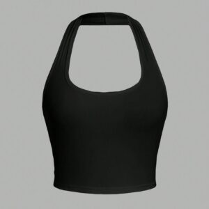 Solid Color Cropped Halter Neck Slim Fit Tank Top For Women