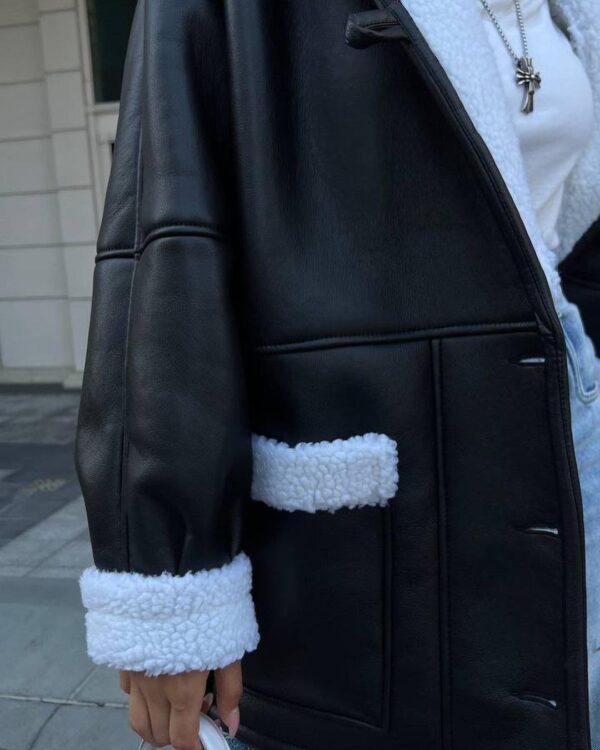Leather And Fur Korean Style Long Sleeve Splicing Coat Women - Image 2