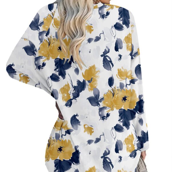 Ladies' Loose Solid Flower Print Casual Long Sleeved V-neck Casual Daily T-shirt Top - Image 2