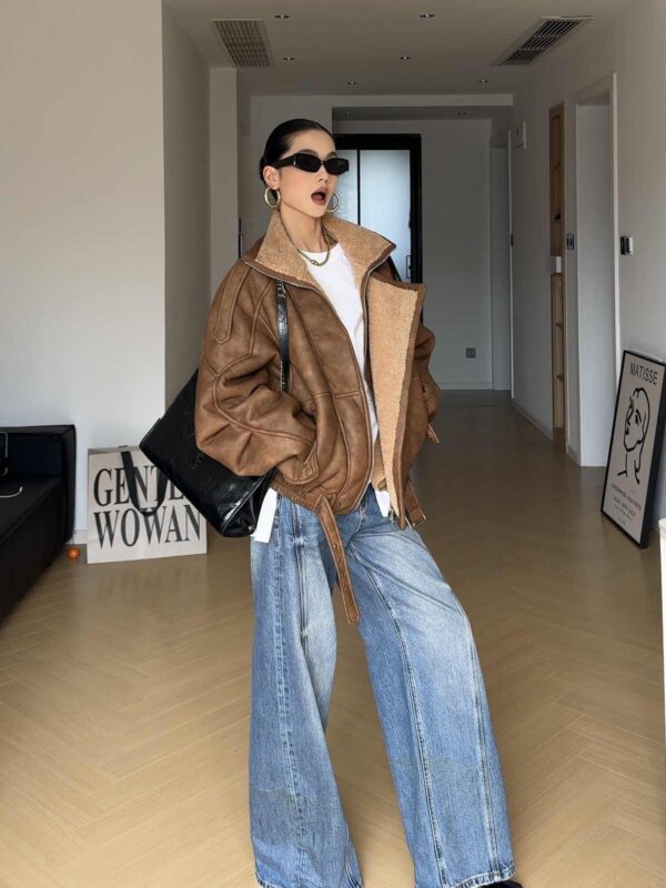 Retro Motorcycle Clothing Lapel With Velvet Thickened Fur Jacket - Image 5