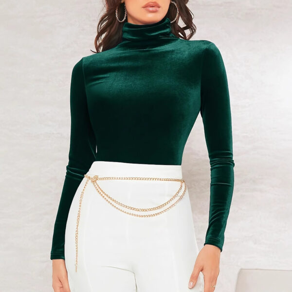Women's Velvet Turtleneck Top Solid Color Long Sleeve Elegant Slim T-shirt - Image 2