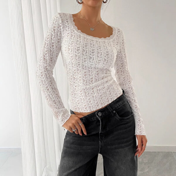 Women U-neck Long-sleeved Lace Lace Slim T-shirt - Image 6
