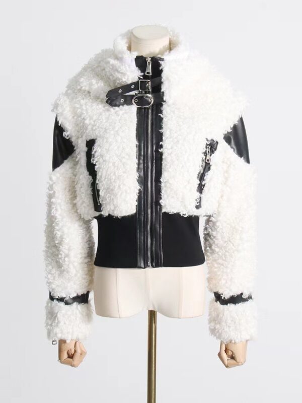 Women's Lamb Wool Stitching PU Leather Zipper Jacket - Image 3