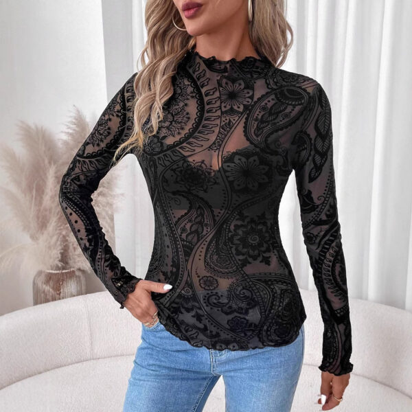 Women Paisley Flocked Printed Mesh Fungus Long Sleeve T-shirt - Image 5