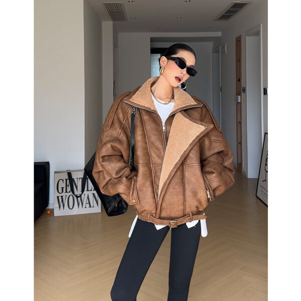 Retro Motorcycle Clothing Lapel With Velvet Thickened Fur Jacket - Image 3