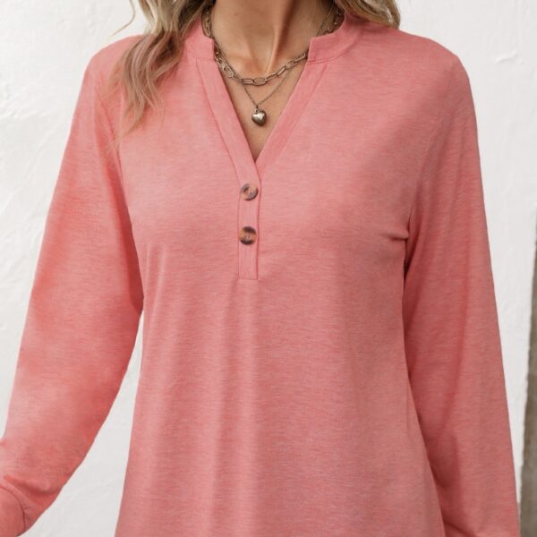 Ladies' Fashion New Button Peach Red Open Neck T-shirt Casual Top - Image 2