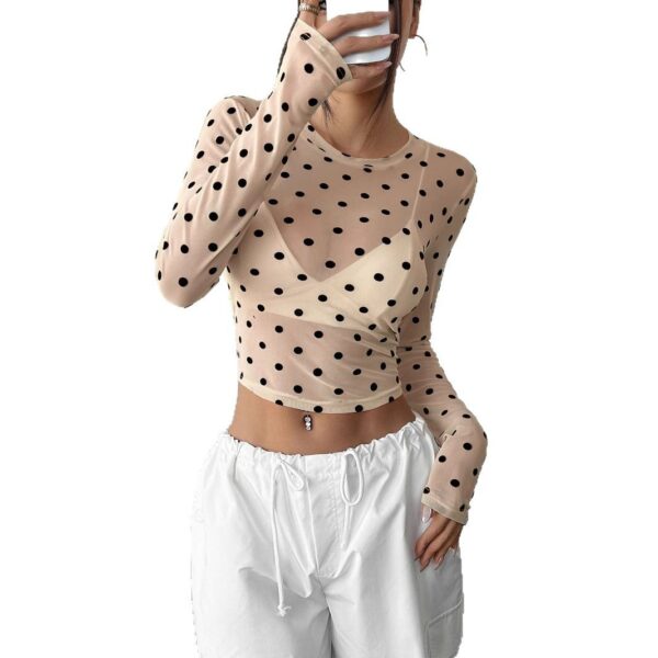 Design Sense See-through Dot Slim Mesh Round Neck Long Sleeve T-shirt - Image 4