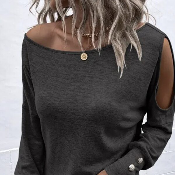 Women's Fashion New Off Shoulder Button Long Sleeved Casual Top T-shirt - Image 4