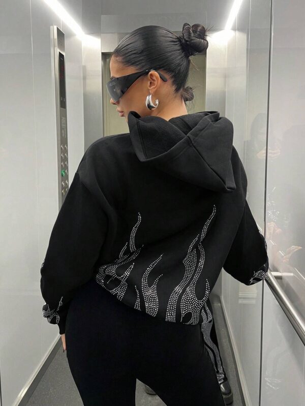 Street Trend Flame Rhinestone Loose Zip Hooded Sweater - Image 6