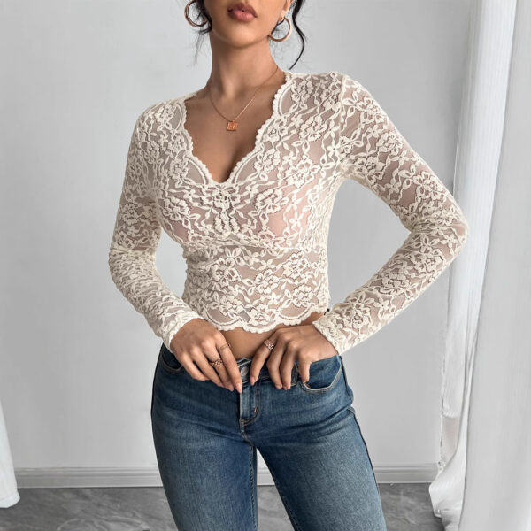 Solid Color Sexy Lace V-neck Long Sleeve T-shirt - Image 2