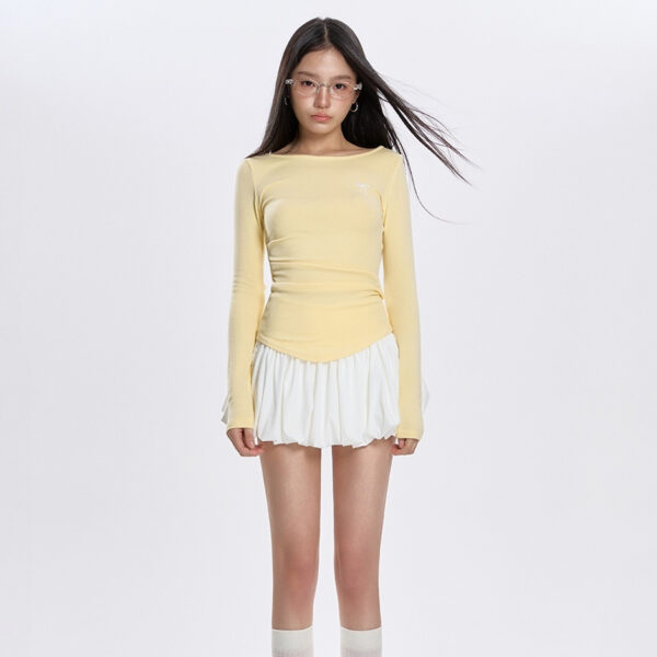 Early Spring Round Neck Pleated All-match Long-sleeved T-shirt - Image 5