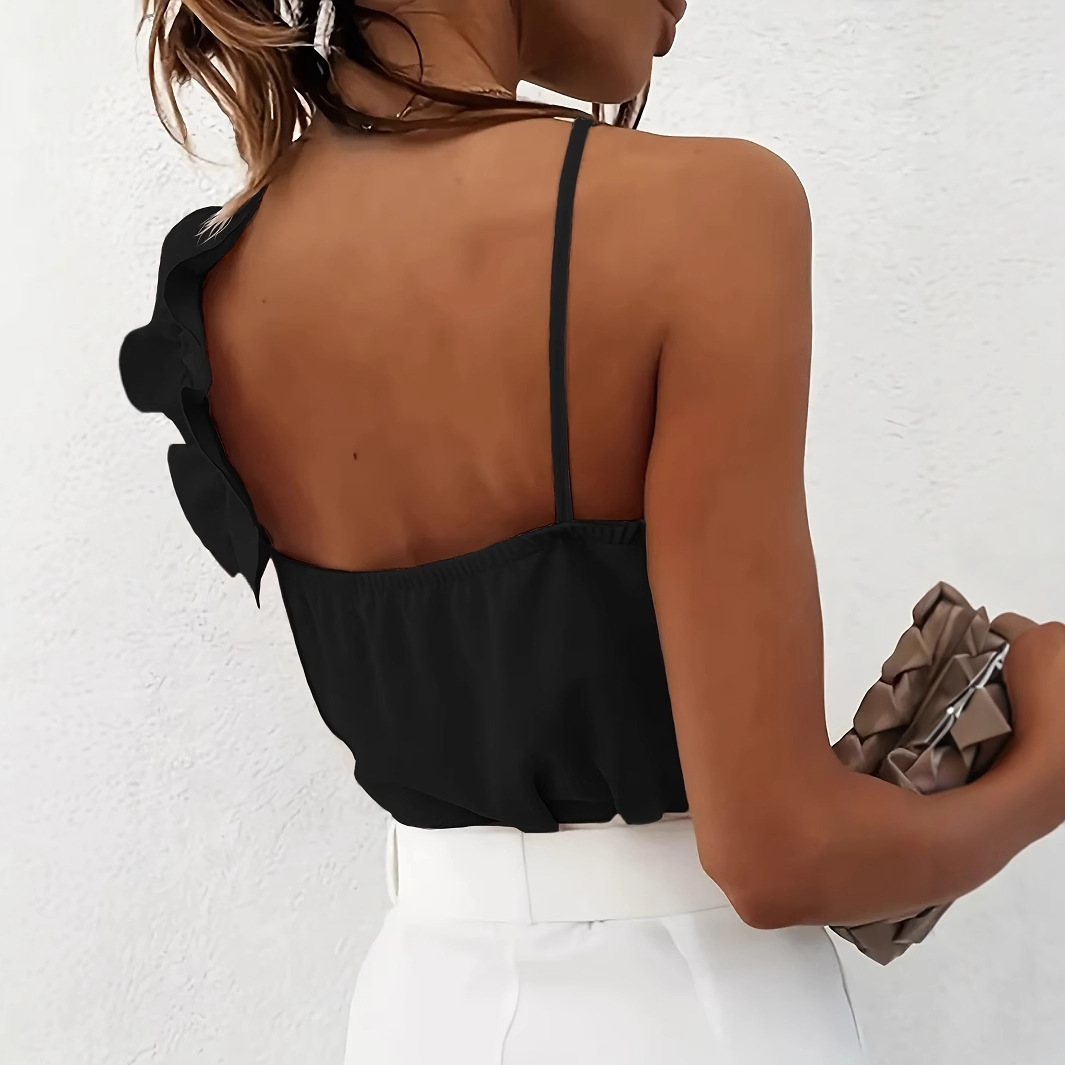 Women's Summer Lotus Leaf Lace Solid Color Slim Fit Camisole Top - Image 4