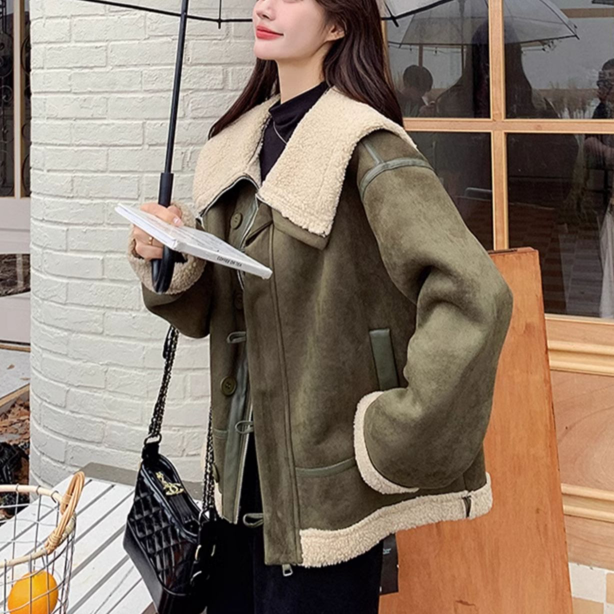 Women's Korean-style Retro Green Suede Lambswool Coat - Image 5