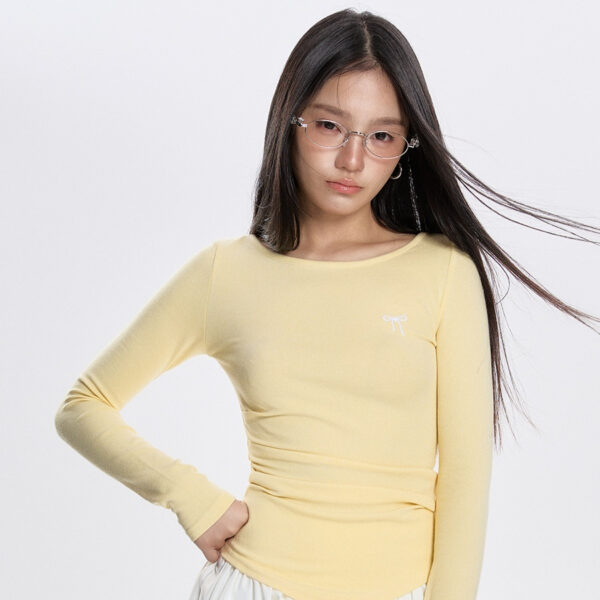 Early Spring Round Neck Pleated All-match Long-sleeved T-shirt - Image 3