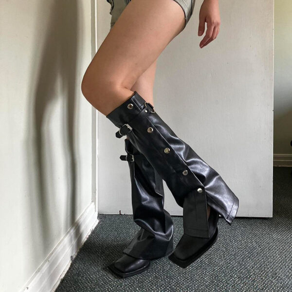 Dark Punk Metal Buckle Black Leather Leg Warmer - Image 3