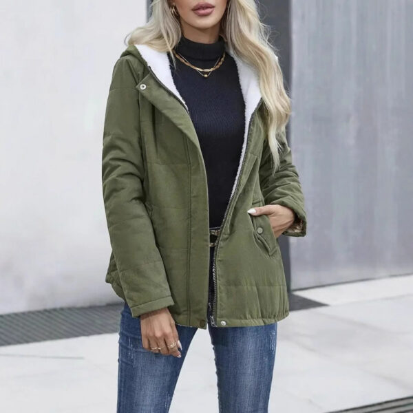 Fleece-lined Hooded Preppy Style Long Sleeve Cotton Coat - Image 2