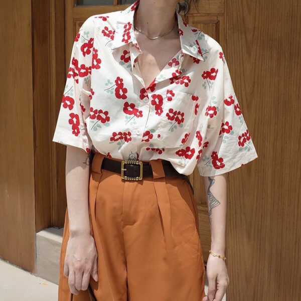 Hong Kong Style Flower Loose Short Sleeve Shirt Top Summer Thin - Image 5