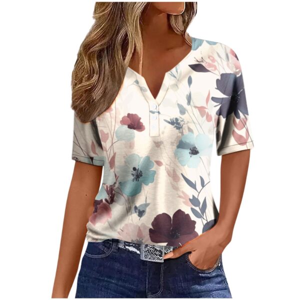 Women's Sequin Stitching Floral Three-button V-neck Short Sleeve - Image 8