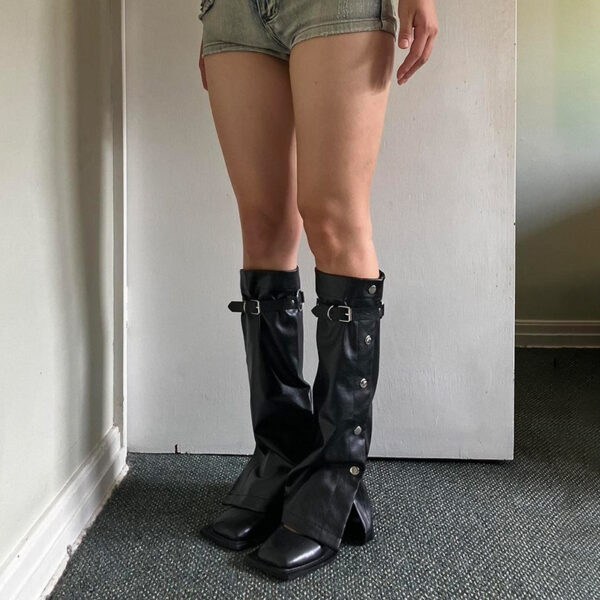 Dark Punk Metal Buckle Black Leather Leg Warmer - Image 5