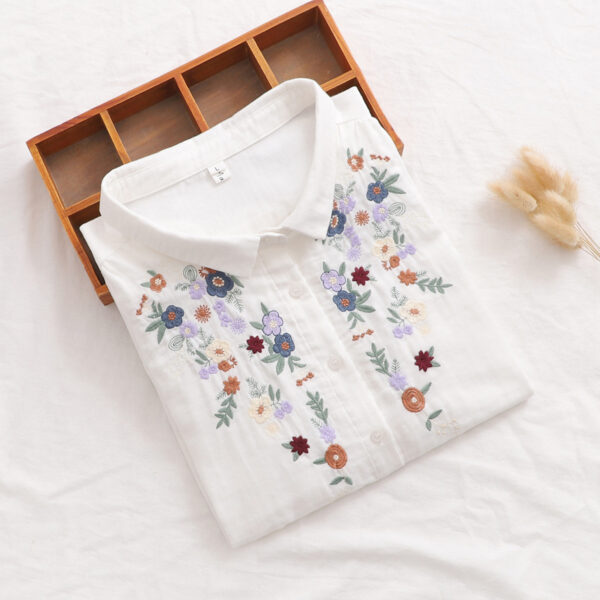 Women's Flower Embroidered Cotton Yarn Shirt Summer - Image 3