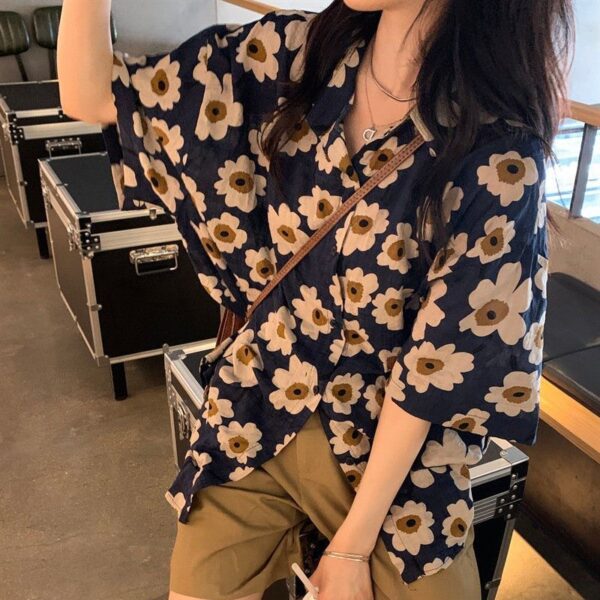 Hong Kong Style Flower Loose Short Sleeve Shirt Top Summer Thin - Image 4