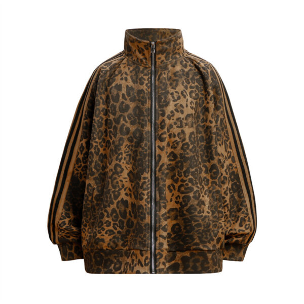 Leopard Print Niche Stand Collar Zipper Special Jacket Coat Retro Set - Image 4