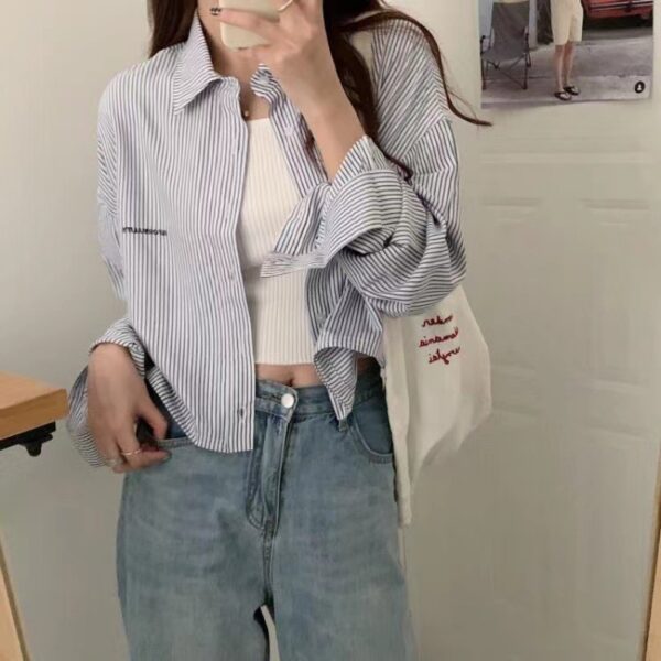 Vertical Striped Short Embroidery Shirt - Image 6